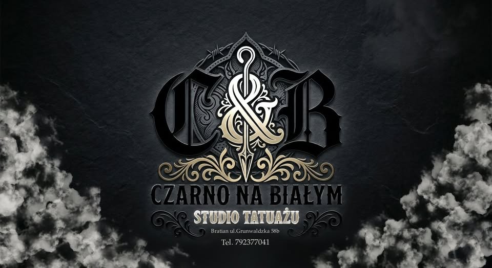 Ciemna grafika logo C&B i napis Czarno Na Białym Studio Tatuażu